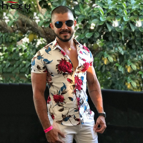 HCXY 2018 Summer Fashion Mens Shirt Slim Fit Short Sleeve Floral Shirt Mens Clothing Trend Mens Casual Flower Shirts Size M-7XL