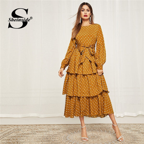 Sheinside Polka Dot Self Belted Layered Hem Dress Women 2019 Elegant Bishop Sleeve Dresses Fit and Flare Layered Maxi Dress