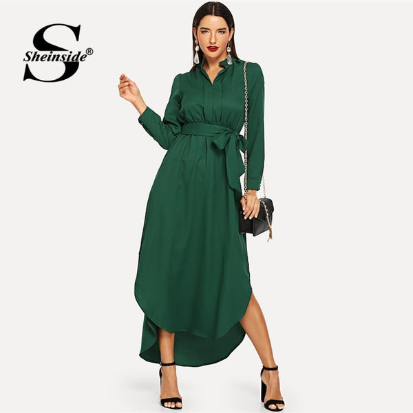 Sheinside Green Casual Belted Shirt Dress Women Straight Maxi Dress 2019 Spring Elegant High Waist OL Ladies Workwear Dresses