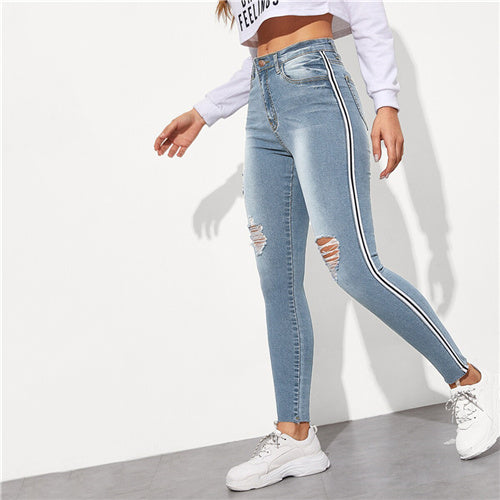 SweatyRocks Stripe Side Ripped Skinny Jeans Leisure Stretchy Long Denim Pants 2019 Spring Women Streetwear Casual Blue Jeans