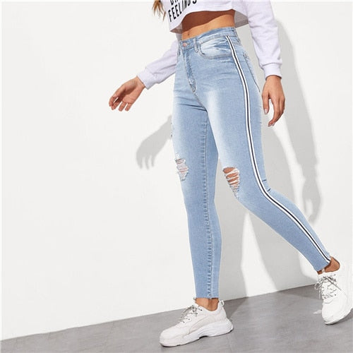 SweatyRocks Stripe Side Ripped Skinny Jeans Leisure Stretchy Long Denim Pants 2019 Spring Women Streetwear Casual Blue Jeans