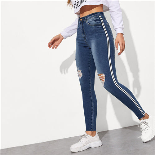 SweatyRocks Stripe Side Ripped Skinny Jeans Leisure Stretchy Long Denim Pants 2019 Spring Women Streetwear Casual Blue Jeans