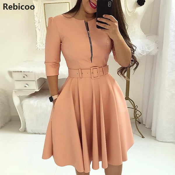 Women Fall Half Sleeve Elegant Tunic Party Dress Female O Neck Solid Zipper Belted Pleated Casual Office Dress Vestidos mujer