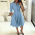 Women Fall Half Sleeve Elegant Tunic Party Dress Female O Neck Solid Zipper Belted Pleated Casual Office Dress Vestidos mujer