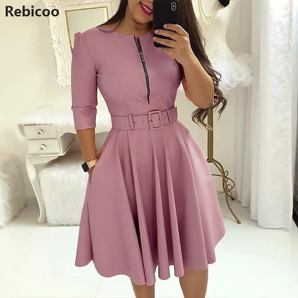 Women Fall Half Sleeve Elegant Tunic Party Dress Female O Neck Solid Zipper Belted Pleated Casual Office Dress Vestidos mujer