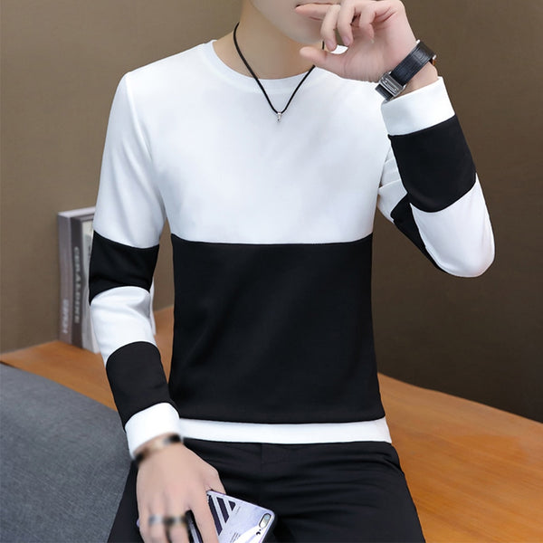 Fashion Pullover Jacket Men Sweatshirt Spring T-Shirt Polyester Male Patchwork Casual Long Sleeve Autumn Tops Crew Neck