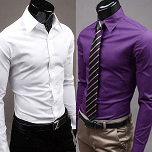 2017 New Men's Fashion Casual Solid Candy Color Long Sleeve Slim Fit Dress Shirt Top