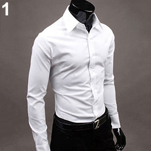 2017 New Men's Fashion Casual Solid Candy Color Long Sleeve Slim Fit Dress Shirt Top