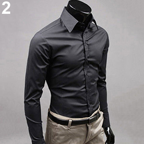 2017 New Men's Fashion Casual Solid Candy Color Long Sleeve Slim Fit Dress Shirt Top