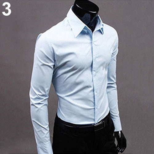 2017 New Men's Fashion Casual Solid Candy Color Long Sleeve Slim Fit Dress Shirt Top