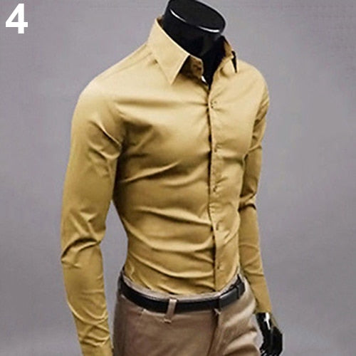 2017 New Men's Fashion Casual Solid Candy Color Long Sleeve Slim Fit Dress Shirt Top