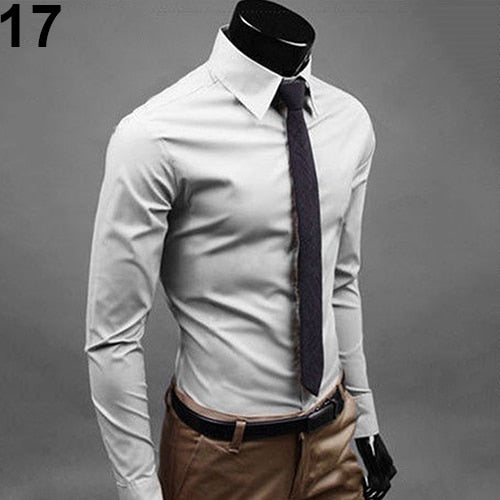 2017 New Men's Fashion Casual Solid Candy Color Long Sleeve Slim Fit Dress Shirt Top