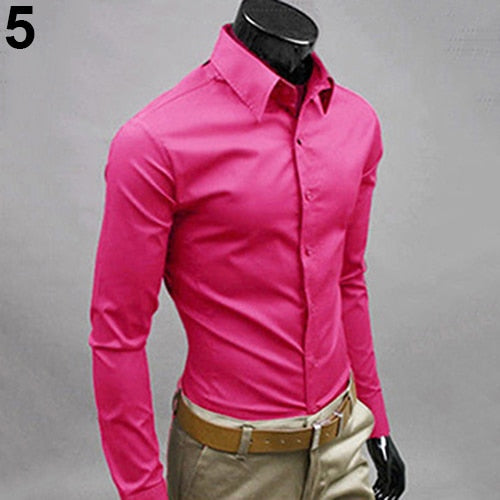 2017 New Men's Fashion Casual Solid Candy Color Long Sleeve Slim Fit Dress Shirt Top