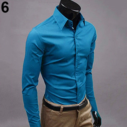 2017 New Men's Fashion Casual Solid Candy Color Long Sleeve Slim Fit Dress Shirt Top