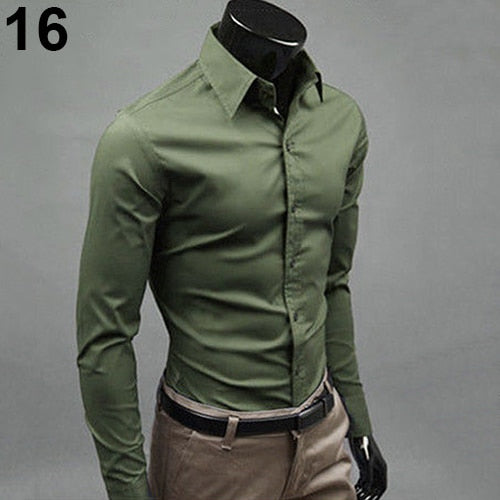 2017 New Men's Fashion Casual Solid Candy Color Long Sleeve Slim Fit Dress Shirt Top