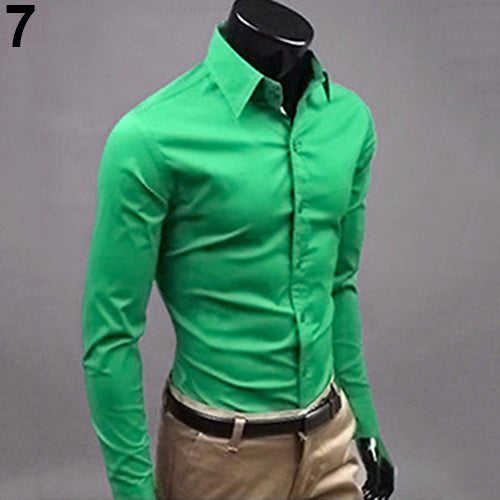 2017 New Men's Fashion Casual Solid Candy Color Long Sleeve Slim Fit Dress Shirt Top