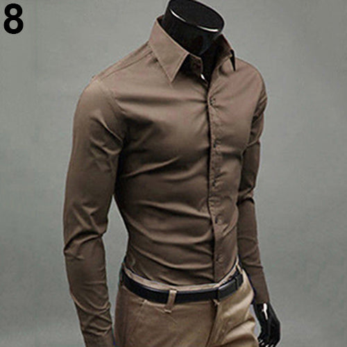 2017 New Men's Fashion Casual Solid Candy Color Long Sleeve Slim Fit Dress Shirt Top