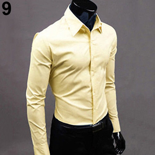 2017 New Men's Fashion Casual Solid Candy Color Long Sleeve Slim Fit Dress Shirt Top