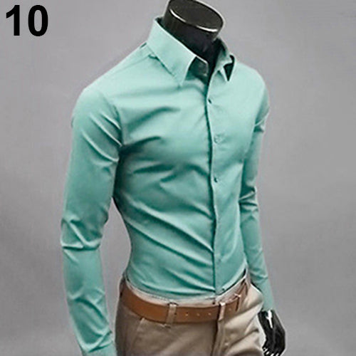 2017 New Men's Fashion Casual Solid Candy Color Long Sleeve Slim Fit Dress Shirt Top