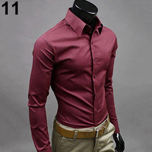 2017 New Men's Fashion Casual Solid Candy Color Long Sleeve Slim Fit Dress Shirt Top