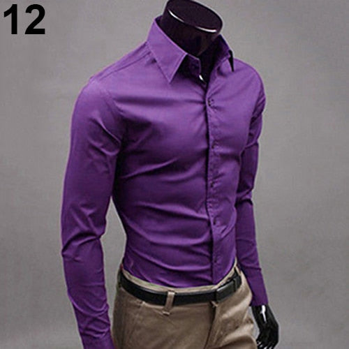 2017 New Men's Fashion Casual Solid Candy Color Long Sleeve Slim Fit Dress Shirt Top