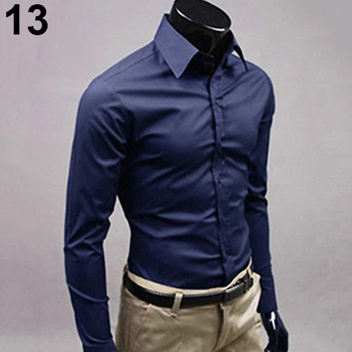 2017 New Men's Fashion Casual Solid Candy Color Long Sleeve Slim Fit Dress Shirt Top