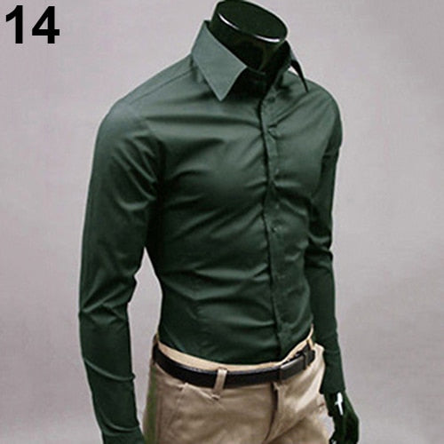 2017 New Men's Fashion Casual Solid Candy Color Long Sleeve Slim Fit Dress Shirt Top