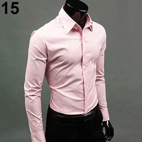 2017 New Men's Fashion Casual Solid Candy Color Long Sleeve Slim Fit Dress Shirt Top