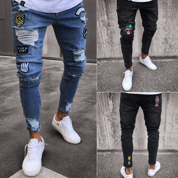 New Fashion Mens Skinny Jeans Rip Slim fit Stretch Denim Distress Frayed Biker Scratchted Hollow out Long Jeans Boy Zone