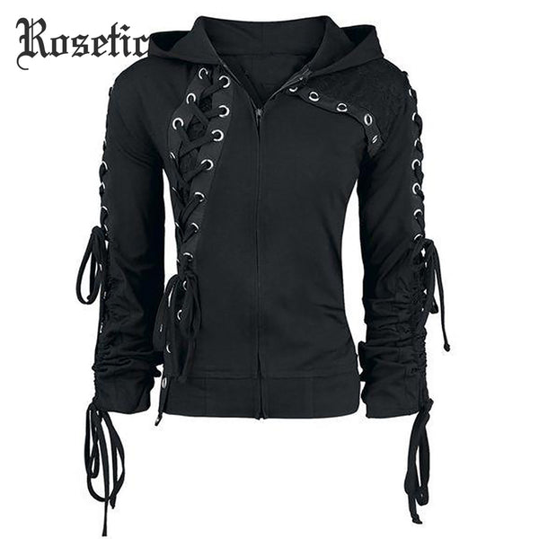 Rosetic Gothic Punk Women Hoodies Lace up Hooded Long Sleeve Casual Harajuku Darkness Autumn winter Goth Black Sweatshirt