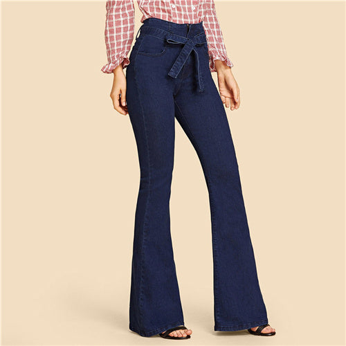 Sheinside Navy Tie Waist Flare Jeans Woman Denim Trousers Vintage Women Clothes 2018 Fall High Waist Pants Belted Stretchy Jeans