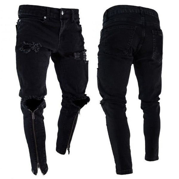 Men's Fashion Vintage Ripped Jeans Super Skinny Slim Fit Zipper Denim Pant Destroyed Frayed Trousers Cartoon Gothic Style Pants