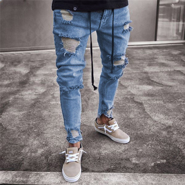 Men's Fashion Vintage Ripped Jeans Super Skinny Slim Fit Zipper Denim Pant Destroyed Frayed Trousers Cartoon Gothic Style Pants