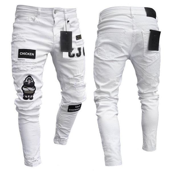 Men's Fashion Vintage Ripped Jeans Super Skinny Slim Fit Zipper Denim Pant Destroyed Frayed Trousers Cartoon Gothic Style Pants