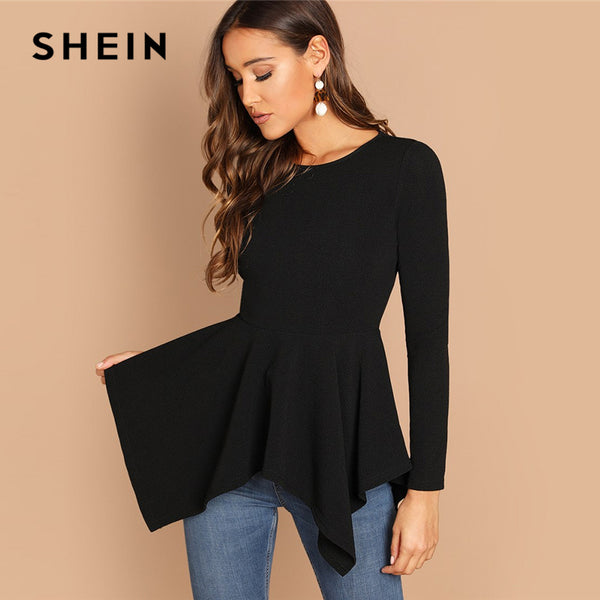 SHEIN Black Asymmetrical Hem Peplum Tee Elegant Plain Long Sleeve Round Neck Tops Women Autumn Minimalist Workwear T-shirt