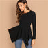 SHEIN Black Asymmetrical Hem Peplum Tee Elegant Plain Long Sleeve Round Neck Tops Women Autumn Minimalist Workwear T-shirt