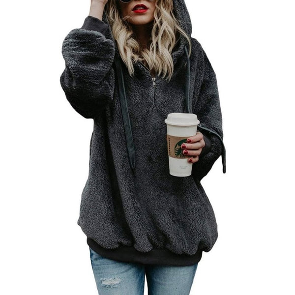 Women's Long Sleeve Hooded Fleece Sweatshirt Autumn Winter Thicken Warm Zip Up Hoodie Pullover