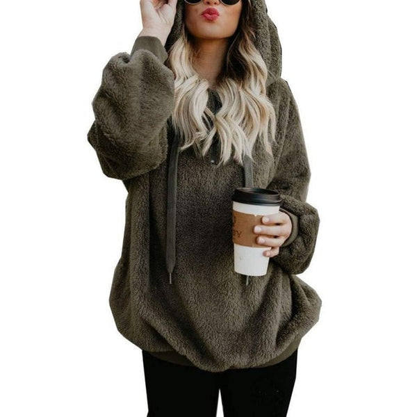 Women's Long Sleeve Hooded Fleece Sweatshirt Autumn Winter Thicken Warm Zip Up Hoodie Pullover