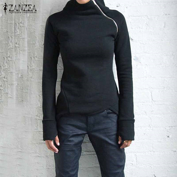 ZANZEA Women Hoodies Sweatshirts 2017 Autumn Casual High Neck Long Sleeve Zippers Slim Fitted Blusas Pullovers Plus Size Tops