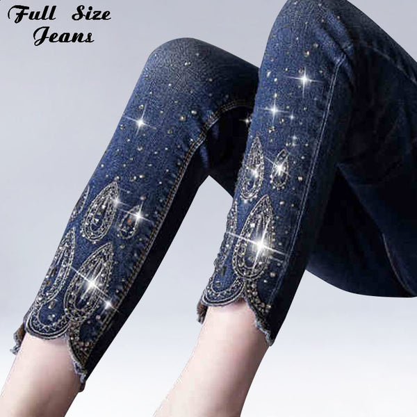 Summer Plus Size Rhinestone Beading Ankle Length Jeans 4Xl 5Xl 6Xl Female Oversized Stretch Nine Pencil Pants Slim Fit Trousers