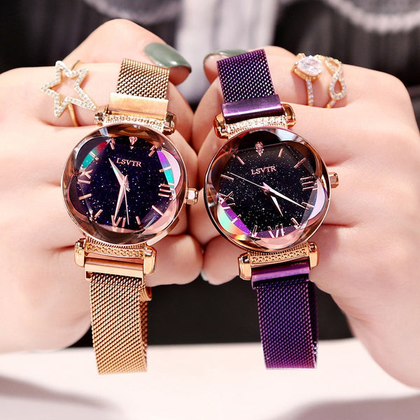 Luxury Rose Gold Women Watches Fashion Elegant Magnet Buckle Ladies Wrist Watches 2019 Best Starry Sky Roman Numeral Gift Clocks