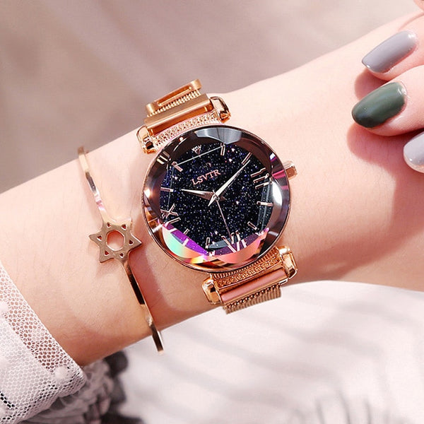 Luxury Rose Gold Women Watches Fashion Elegant Magnet Buckle Ladies Wrist Watches 2019 Best Starry Sky Roman Numeral Gift Clocks