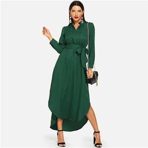 Sheinside Green Casual Belted Shirt Dress Women Straight Maxi Dress 2019 Spring Elegant High Waist OL Ladies Workwear Dresses