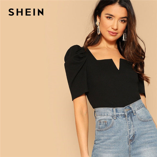 SHEIN Black Ladies V-Cut Front Puff Sleeve Tshirt 2019 Summer Women Elegant Streetwear Square Collar Slim Fit Tees