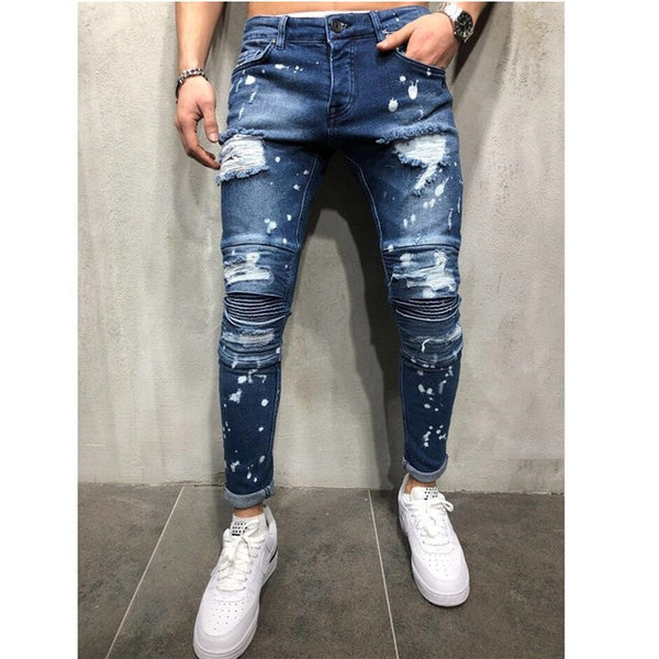 Men Stylish Ripped Jeans Pants Biker Slim Straight Hip Hop Frayed Denim Trousers New Fashion Skinny Jeans 2019 Men