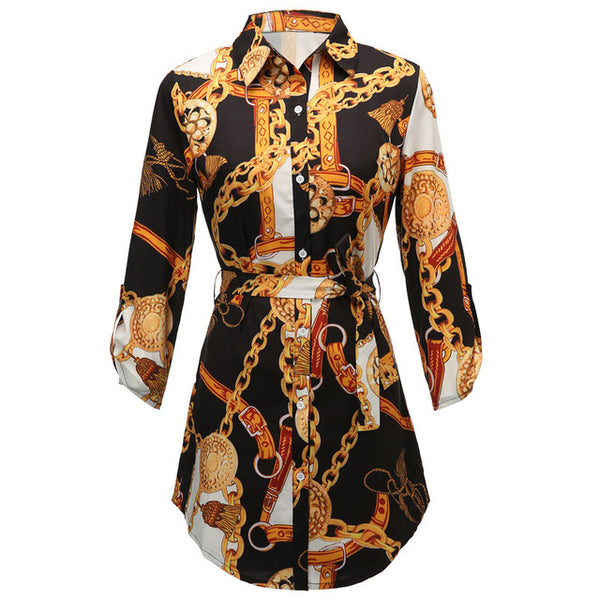 Women 2019 Spring Button Up Curved Sleeve Short Mini Dress Chains Print Belted Casual Shirt Dress