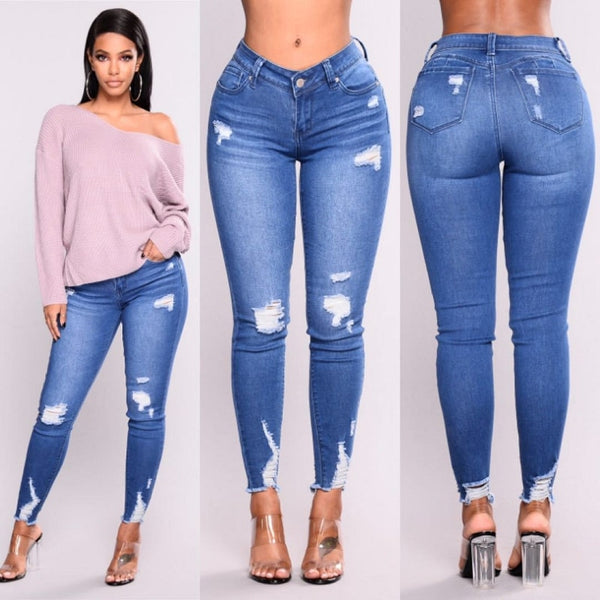 2019 New Blue Jeans Pancil Pants Women High Waist Slim Hole Ripped Denim Jeans Casual Stretch Skinny Trousers Jeans