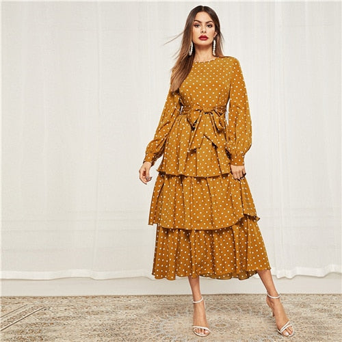 Sheinside Polka Dot Self Belted Layered Hem Dress Women 2019 Elegant Bishop Sleeve Dresses Fit and Flare Layered Maxi Dress