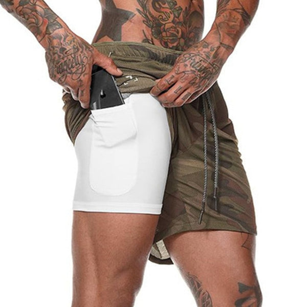 Men's 2 in 1 Running Shorts Security Pockets Leisure Shorts Quick Drying Sport Shorts Built-in Pockets Hips Hiden Zipper Pockets