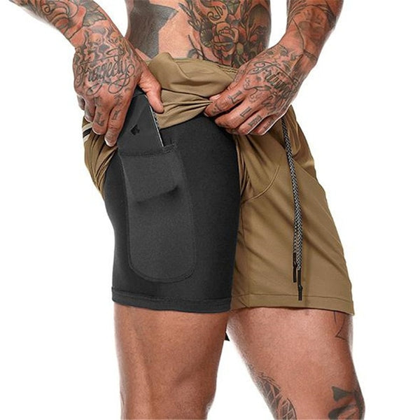 Men's 2 in 1 Running Shorts Security Pockets Leisure Shorts Quick Drying Sport Shorts Built-in Pockets Hips Hiden Zipper Pockets